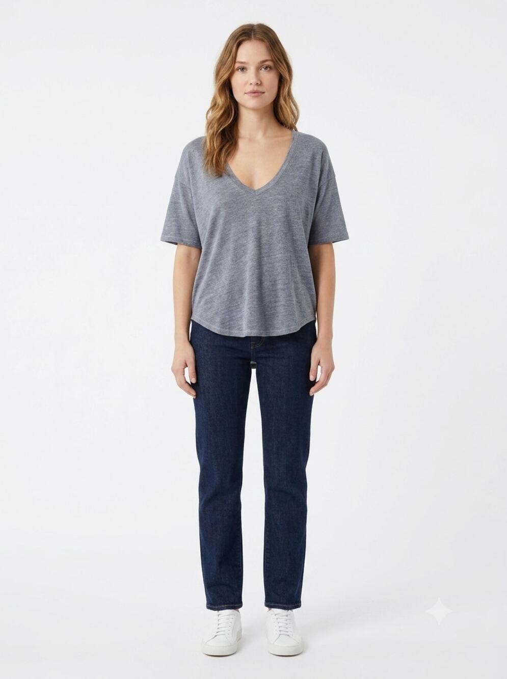 Faherty T-Shirt Top Womens M Heather Gray Linen Short Sleeve Boxy V-Neck Comfort